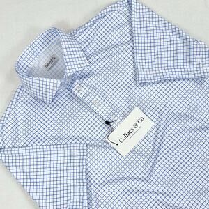 Collars & Co Men's Semi Spread Collar Polo Shirt Small Thin Blue Check